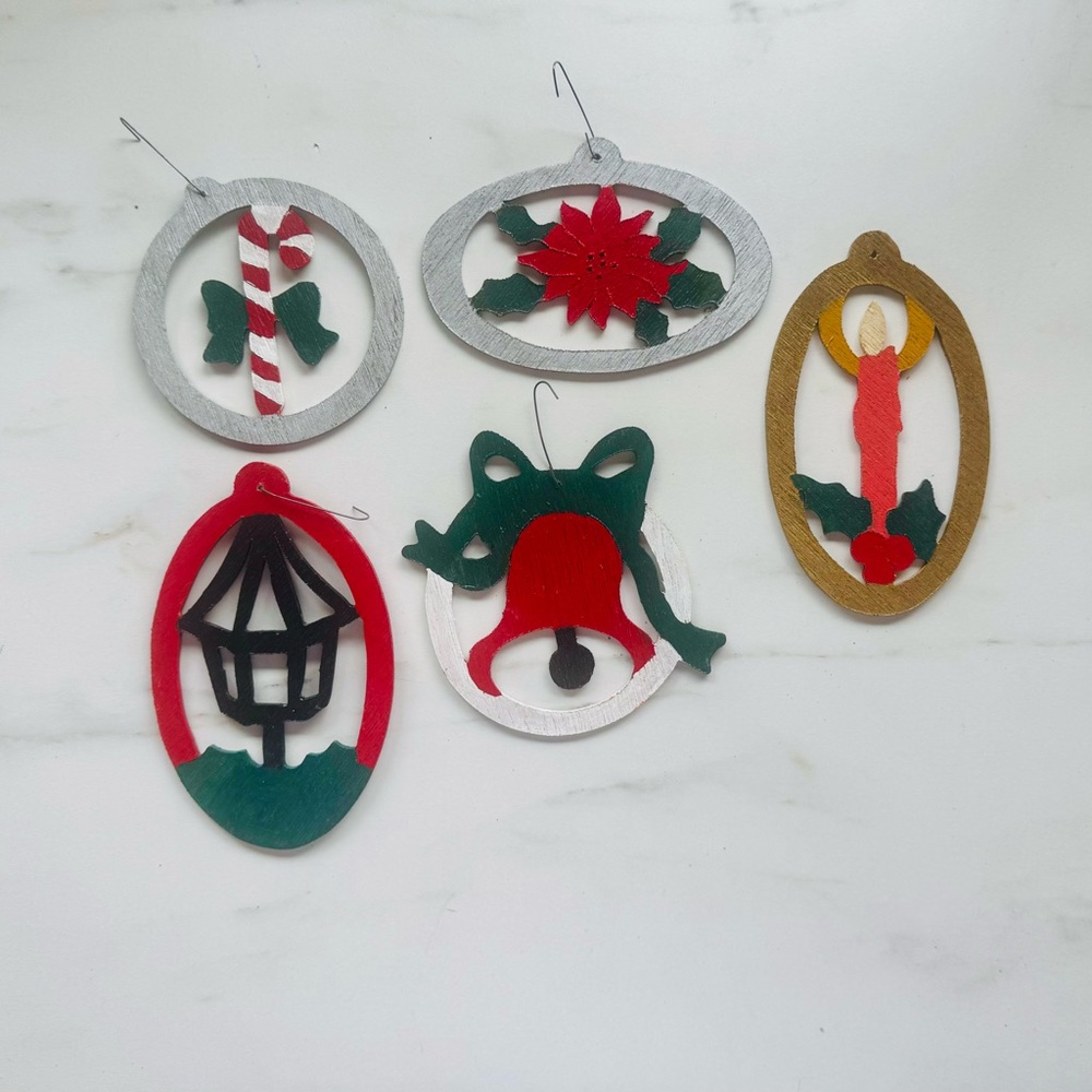 Vintage (1970's) Hand Painted Wooden Christmas Ornaments, Set of 5, Artisan USA